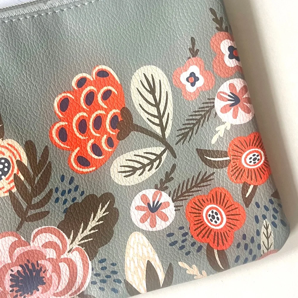 (home) 🏷️ caliber • gray faux leather red floral print pencil pouch